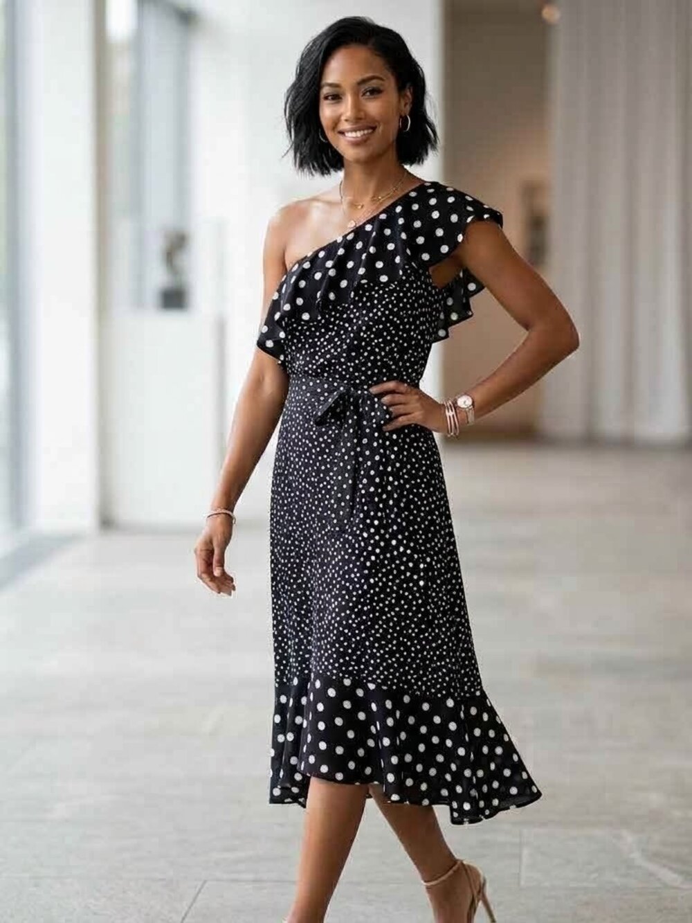 A New Day Polka Dot One Shoulder Ruffle Midi Dress Navy Blue S